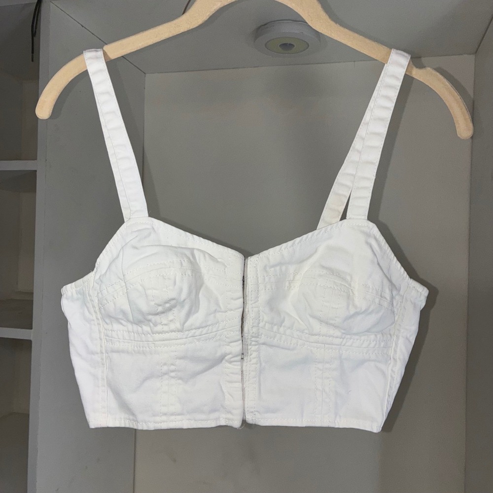 Urban Outfitters White Denim Corset Crop Top Bustier Zip Front Tank M‎